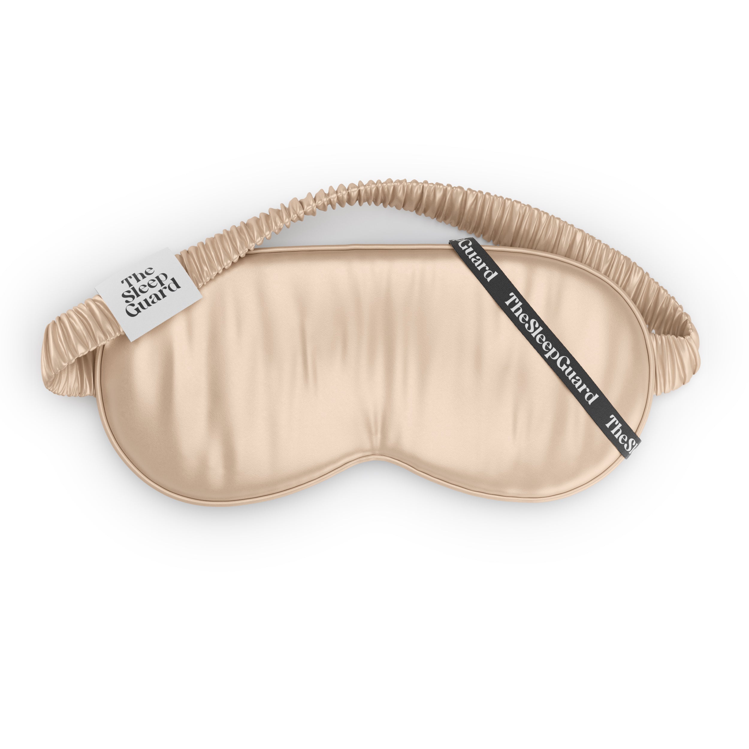 Beige sleep mask with 'The Sleep Guard' branding on a white background